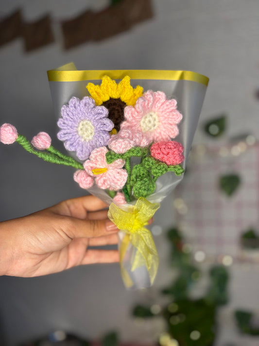 Handmade crochet flower bouquet with sunflower daisy and rose — never-wilting knitted flower gift for her India, birthday anniversary Valentine's Day