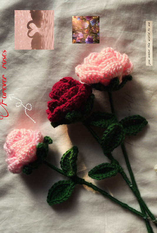 Handmade forever crochet rose single stem — maroon and pastel pink yarn rose with green leaves, never-wilting Valentine's Day gift for her India